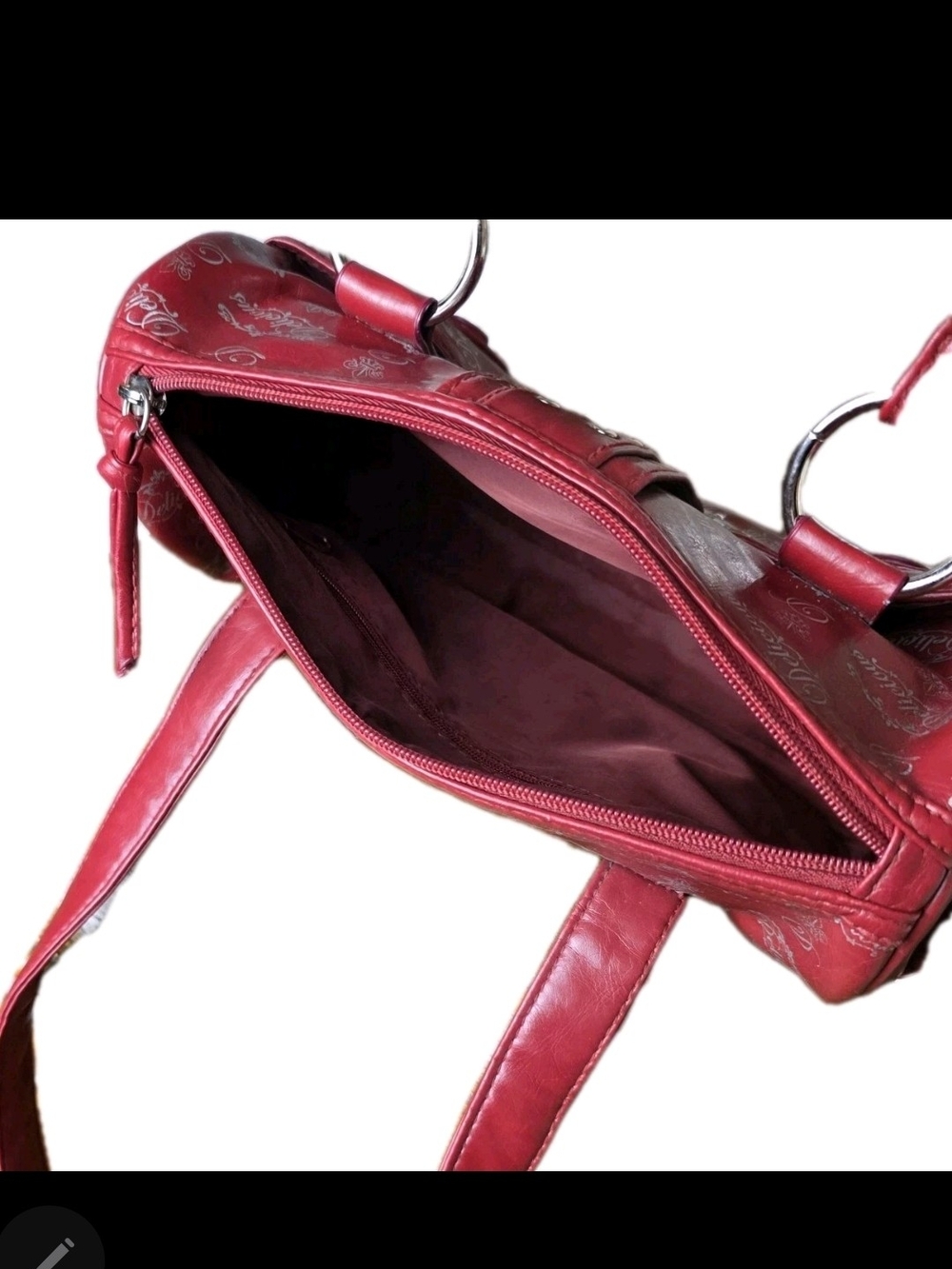 "Delicious" Red Logo Shoulder Bag, purse. Silver tone hardware. 2000s Vintage - Picture 11 of 13